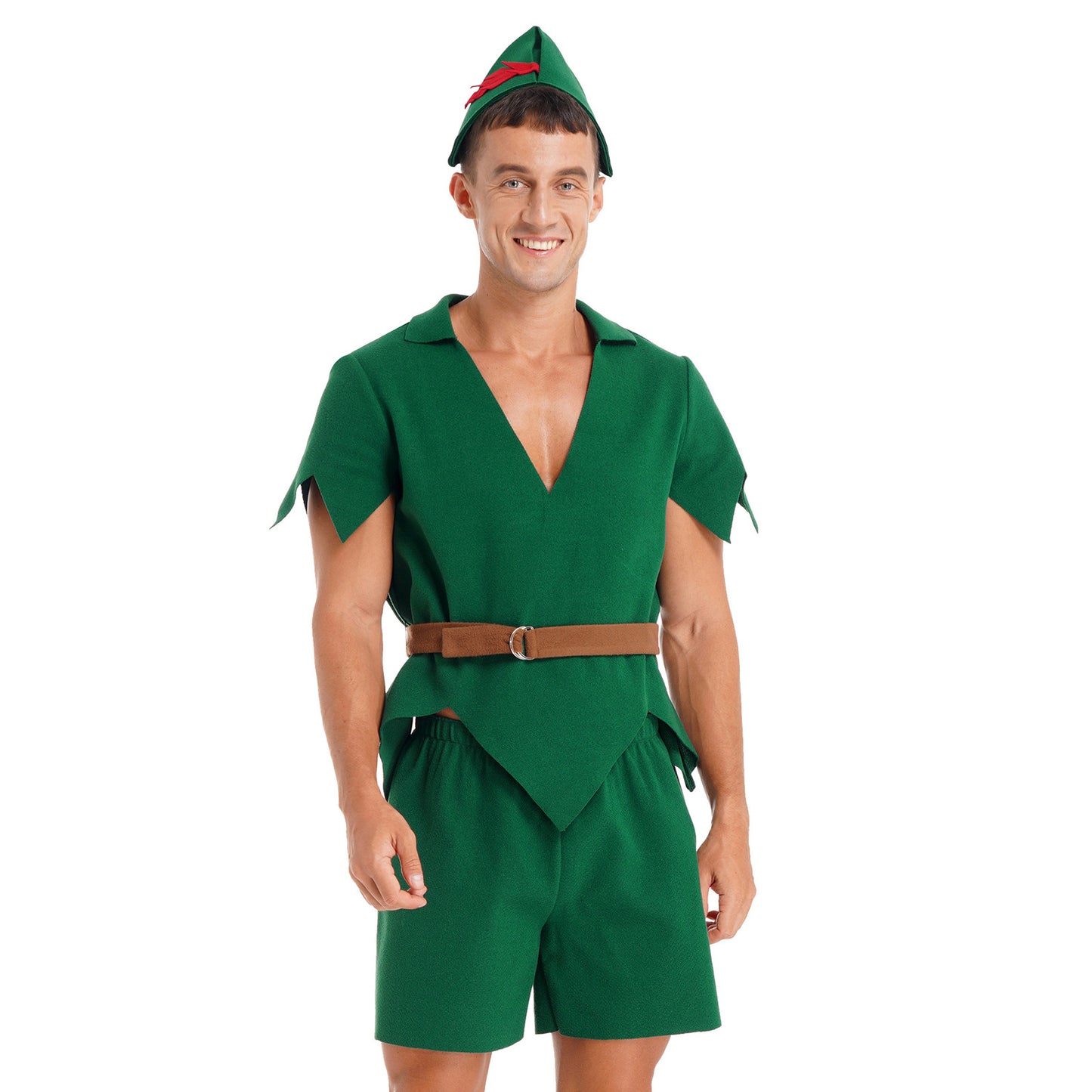 Men Halloween Christmas Pan Elf Cosplay Costume Short Sleeve Felt Tops with Shorts Belt Hat Carnival Theme Party Dress Up Outfit
