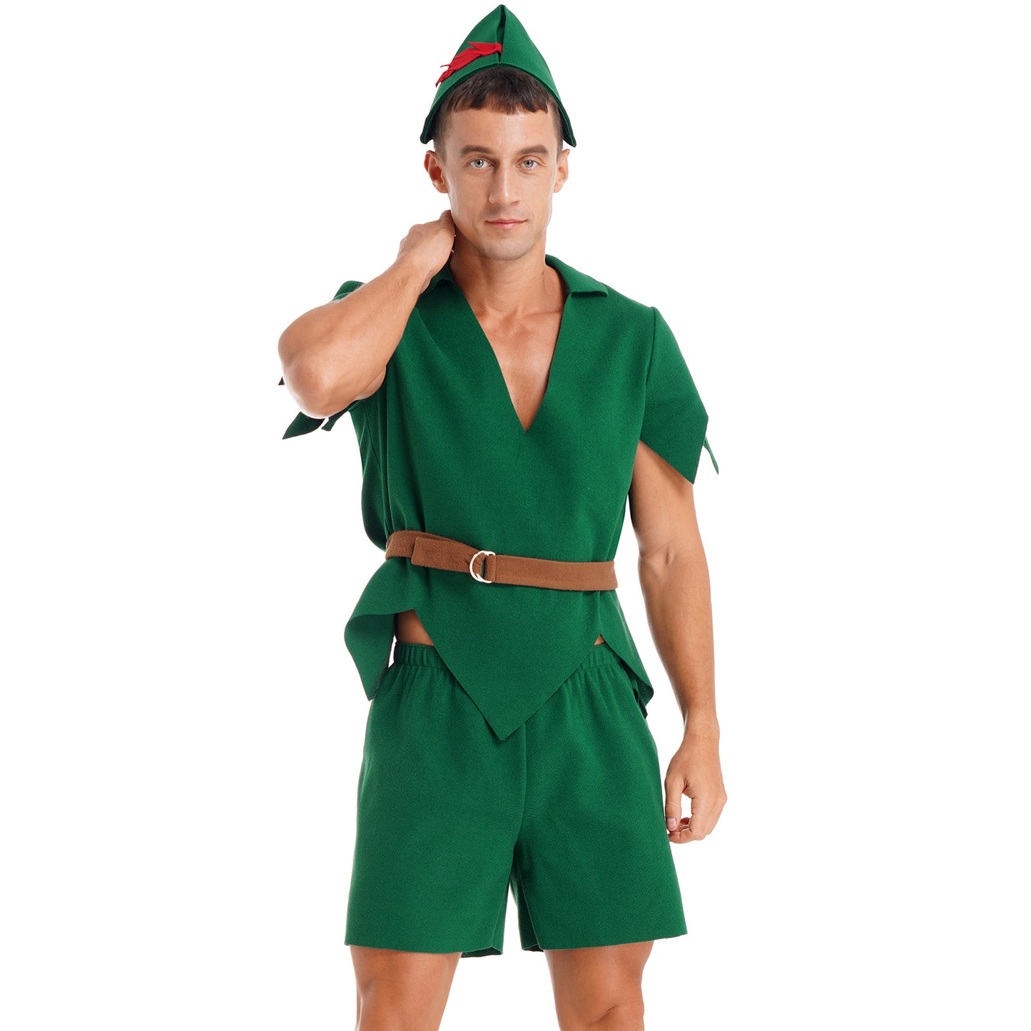 Men Halloween Christmas Pan Elf Cosplay Costume Short Sleeve Felt Tops with Shorts Belt Hat Carnival Theme Party Dress Up Outfit