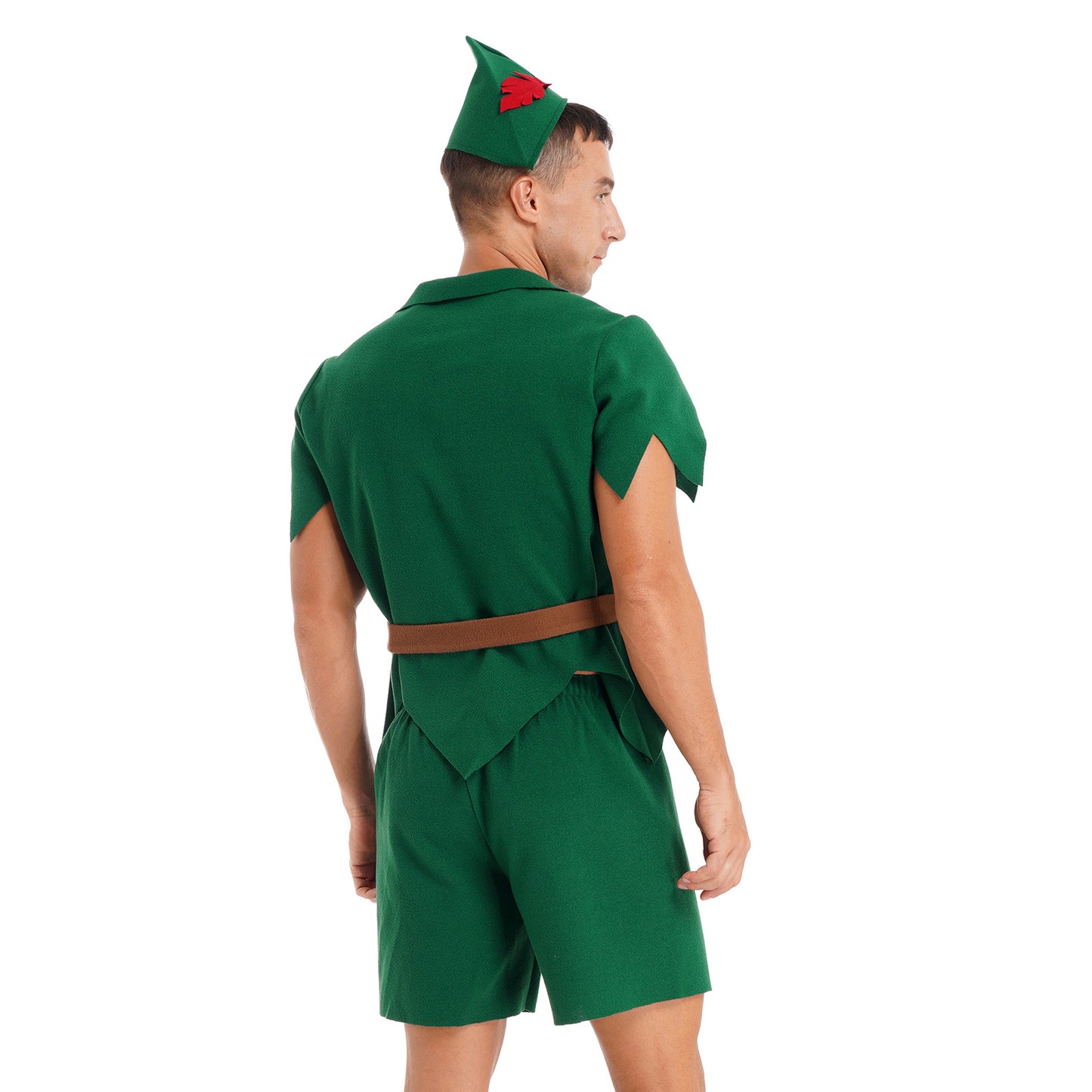 Men Halloween Christmas Pan Elf Cosplay Costume Short Sleeve Felt Tops with Shorts Belt Hat Carnival Theme Party Dress Up Outfit