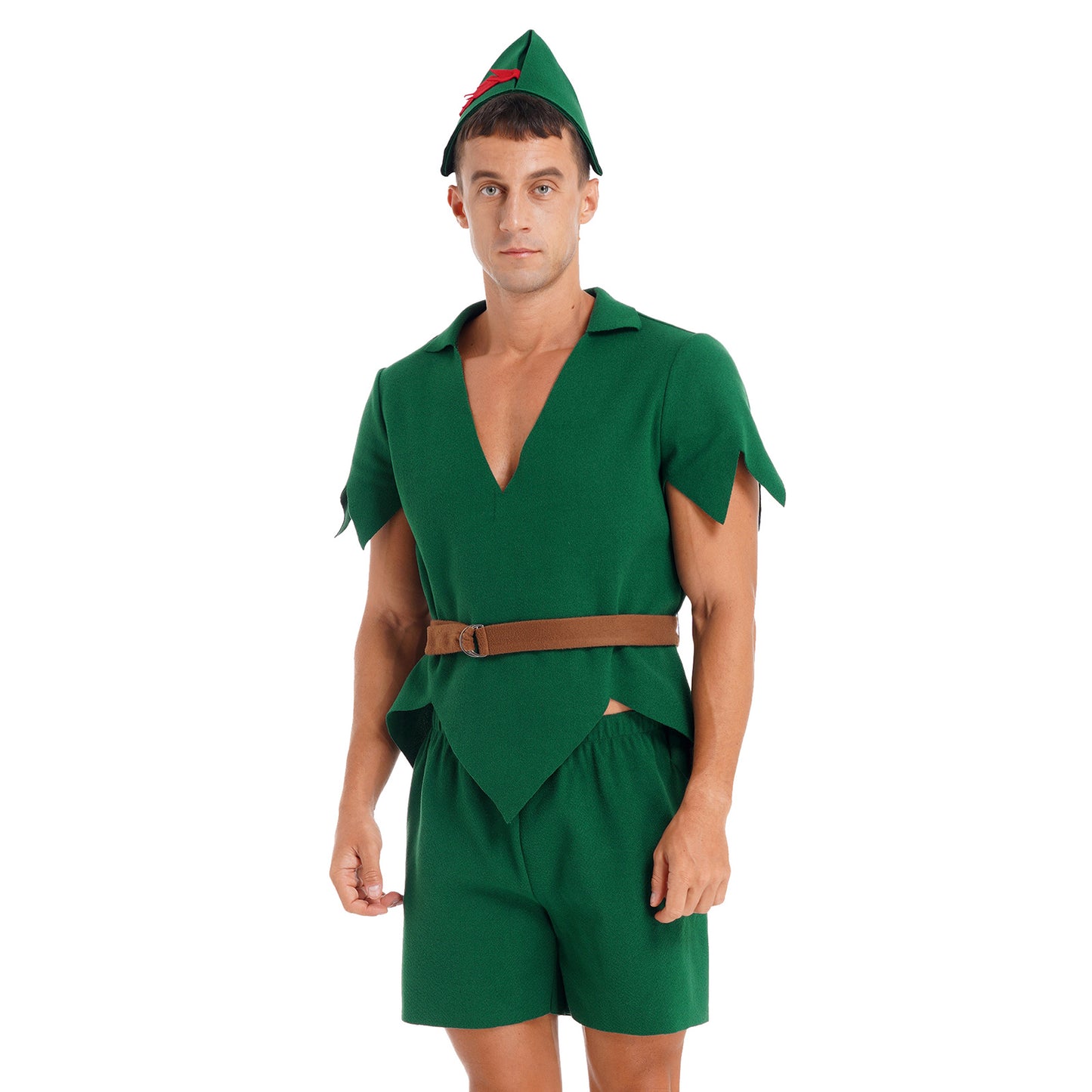 Men Halloween Christmas Pan Elf Cosplay Costume Short Sleeve Felt Tops with Shorts Belt Hat Carnival Theme Party Dress Up Outfit