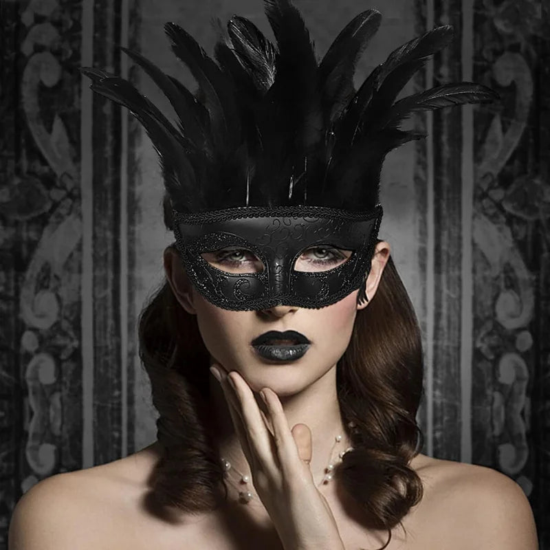 Vintage Masquerade Half Face Feather Mask Venetian Mask Roman Costume Halloween Accessories for Ladies and Girls