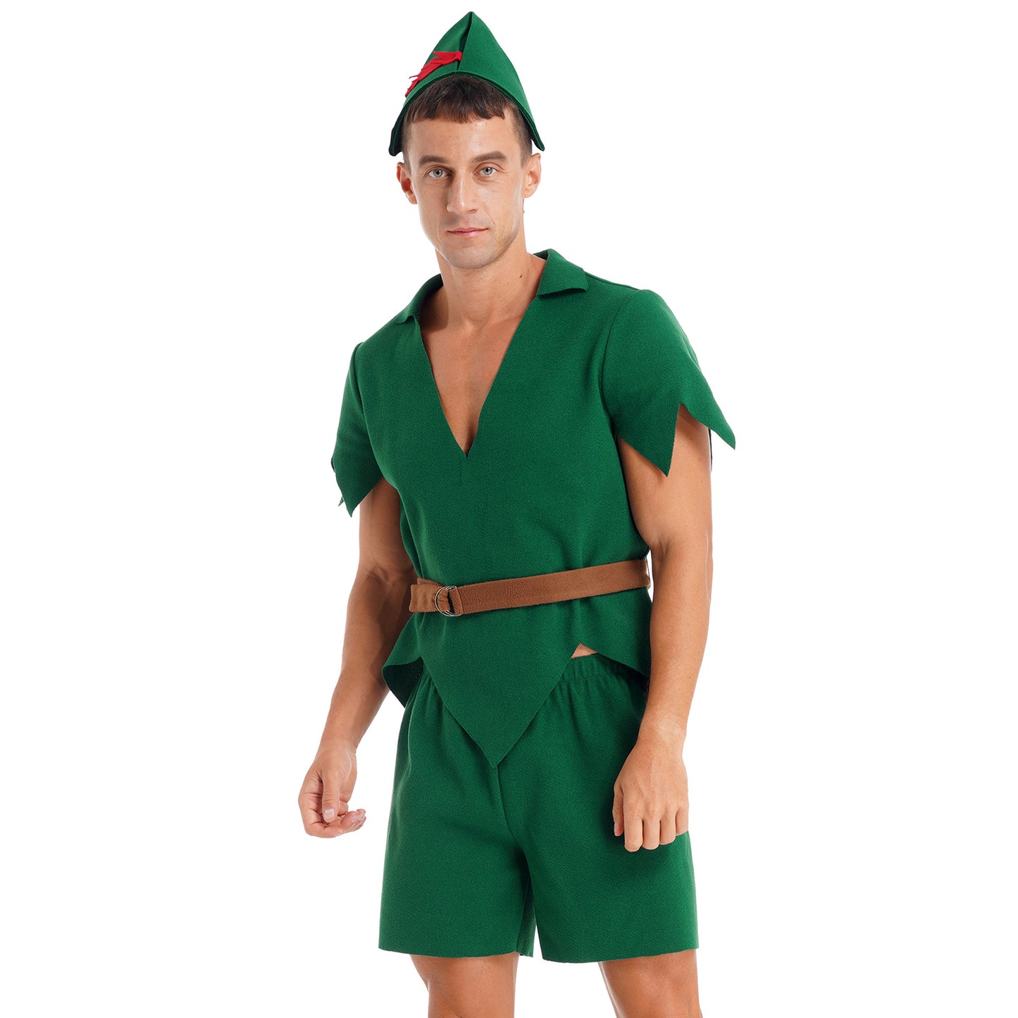 Men Halloween Christmas Pan Elf Cosplay Costume Short Sleeve Felt Tops with Shorts Belt Hat Carnival Theme Party Dress Up Outfit
