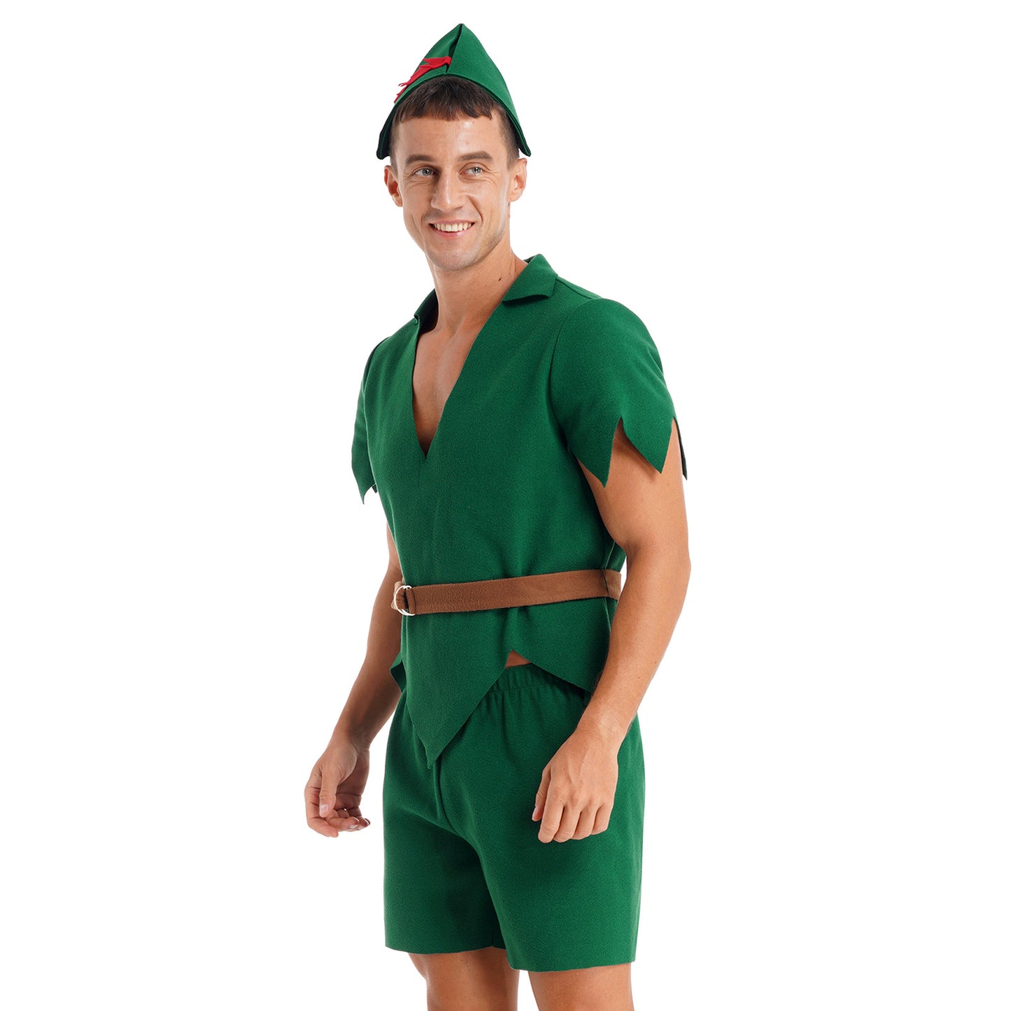 Men Halloween Christmas Pan Elf Cosplay Costume Short Sleeve Felt Tops with Shorts Belt Hat Carnival Theme Party Dress Up Outfit