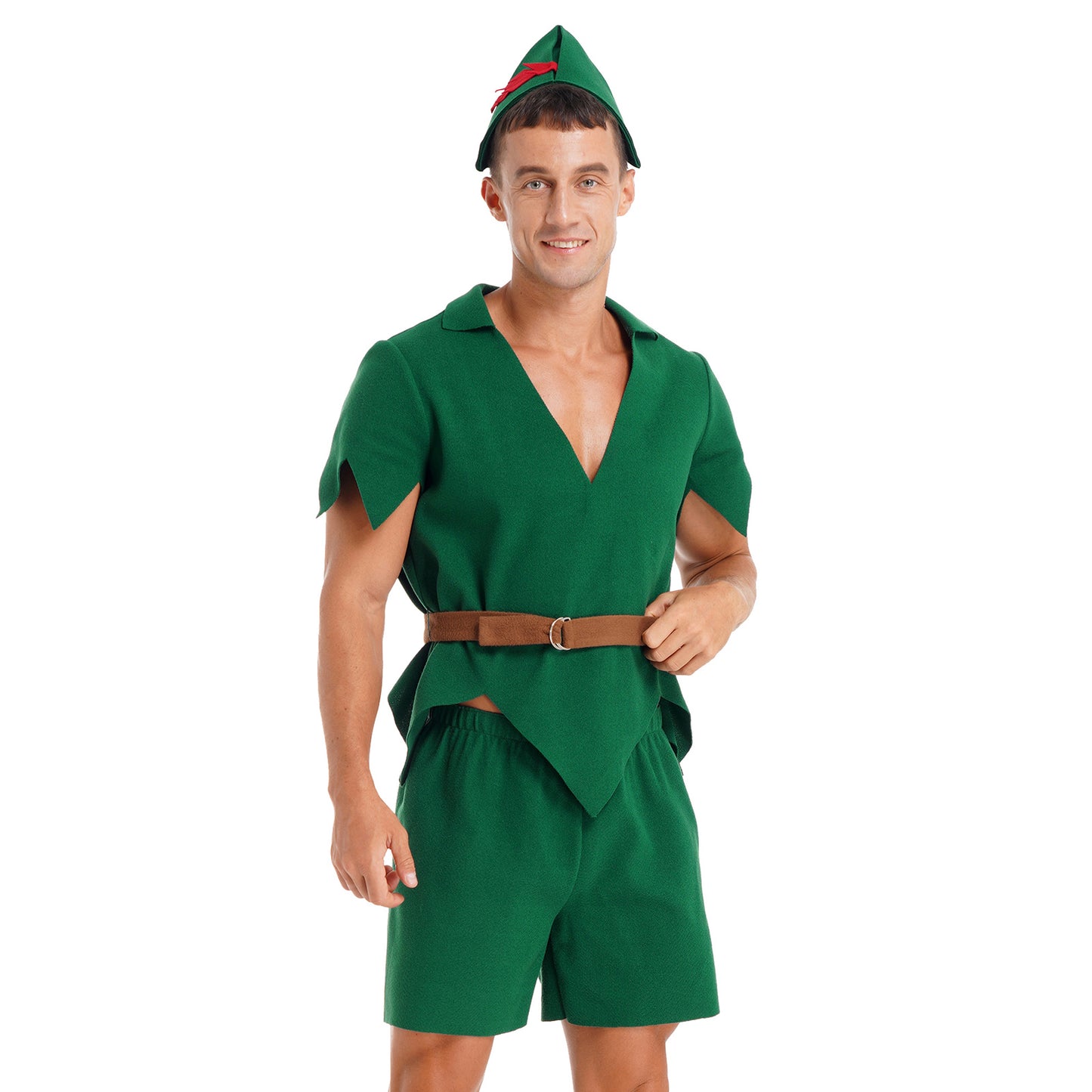 Men Halloween Christmas Pan Elf Cosplay Costume Short Sleeve Felt Tops with Shorts Belt Hat Carnival Theme Party Dress Up Outfit