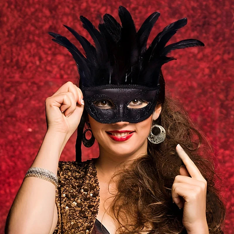 Vintage Masquerade Half Face Feather Mask Venetian Mask Roman Costume Halloween Accessories for Ladies and Girls