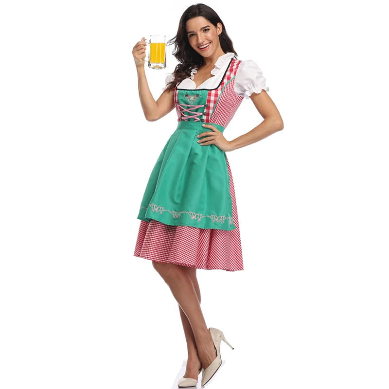 The New Lady Dirndl Oktoberfest Costume Bavarian National Pink Plaid Clubwear Cosplay Carnival Halloween Fancy Party Dress