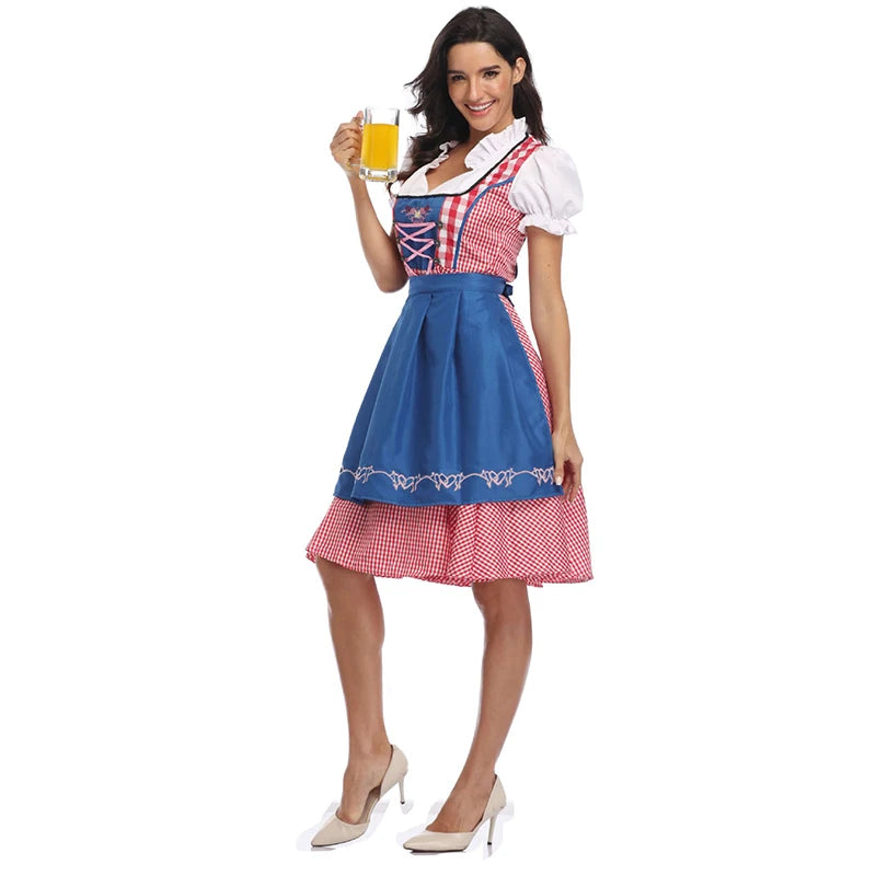 The New Lady Dirndl Oktoberfest Costume Bavarian National Pink Plaid Clubwear Cosplay Carnival Halloween Fancy Party Dress