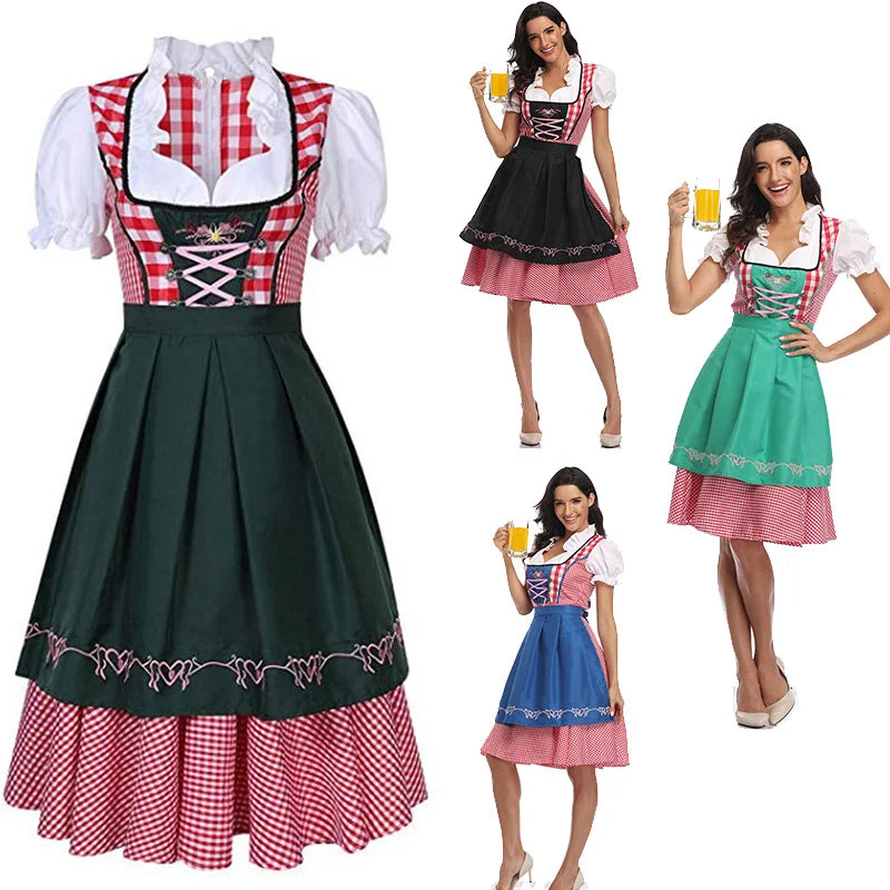 The New Lady Dirndl Oktoberfest Costume Bavarian National Pink Plaid Clubwear Cosplay Carnival Halloween Fancy Party Dress