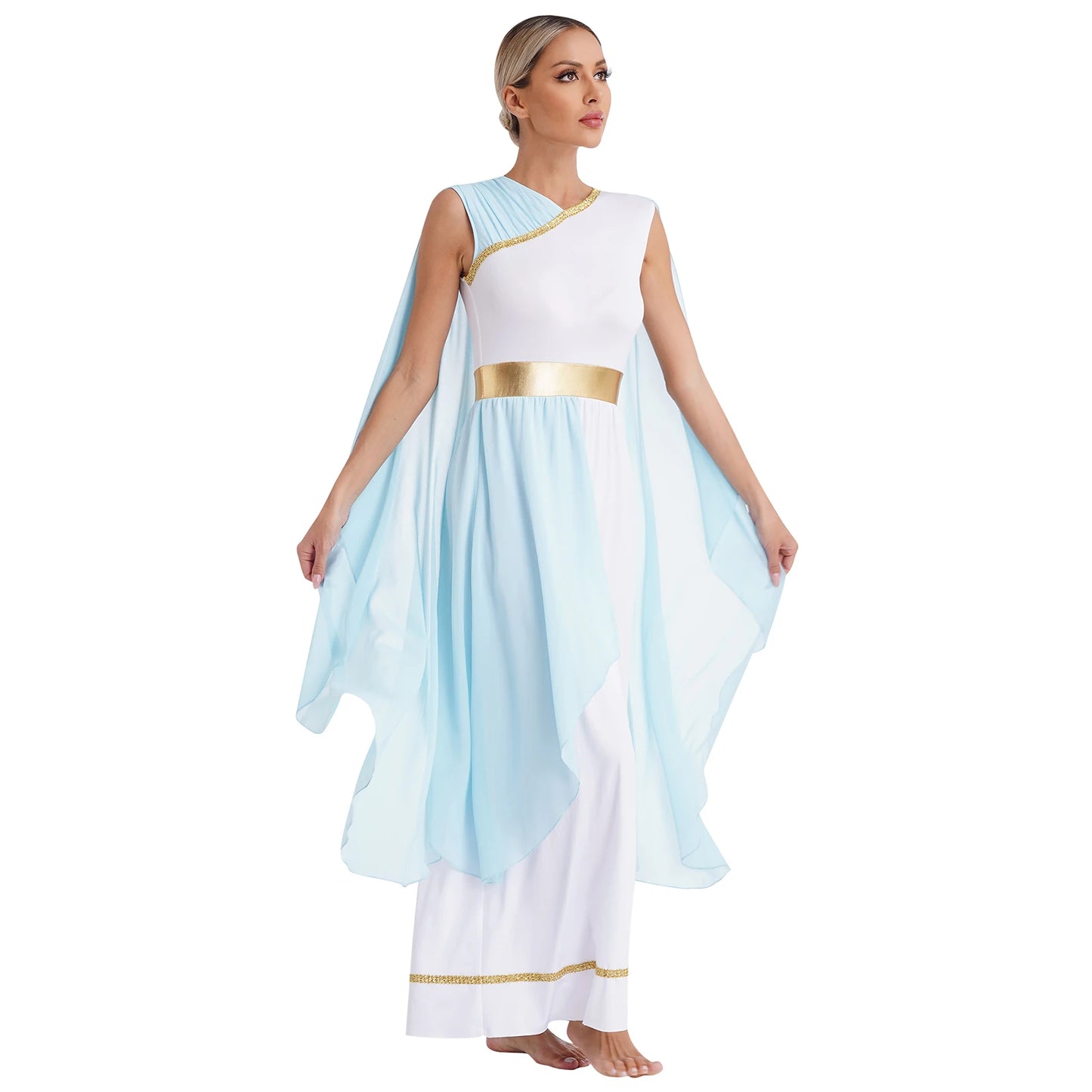 Womens Halloween Greek Deity Cosplay Costume Chiffon Gold Trims Ancient Toga Dress Greece Roman Goddness Queen Role Play Robe