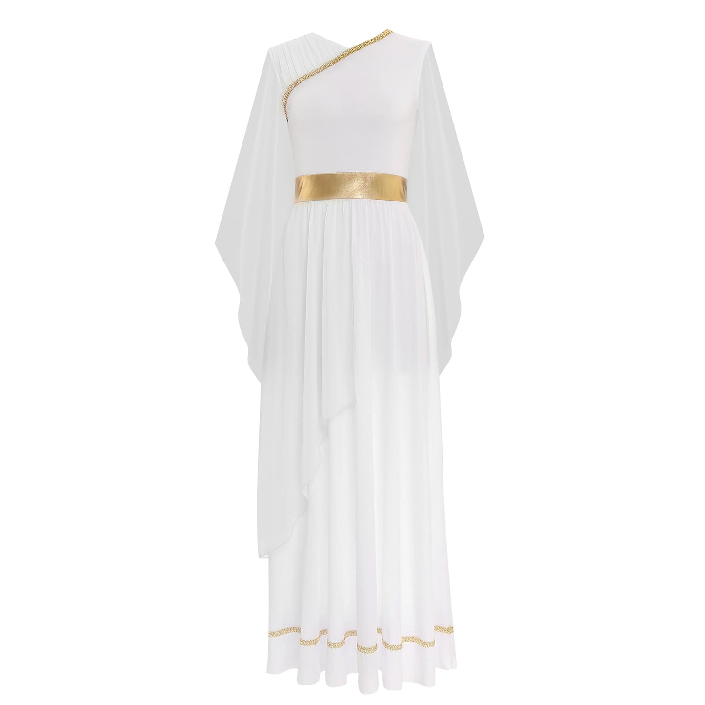 Womens Halloween Greek Deity Cosplay Costume Chiffon Gold Trims Ancient Toga Dress Greece Roman Goddness Queen Role Play Robe