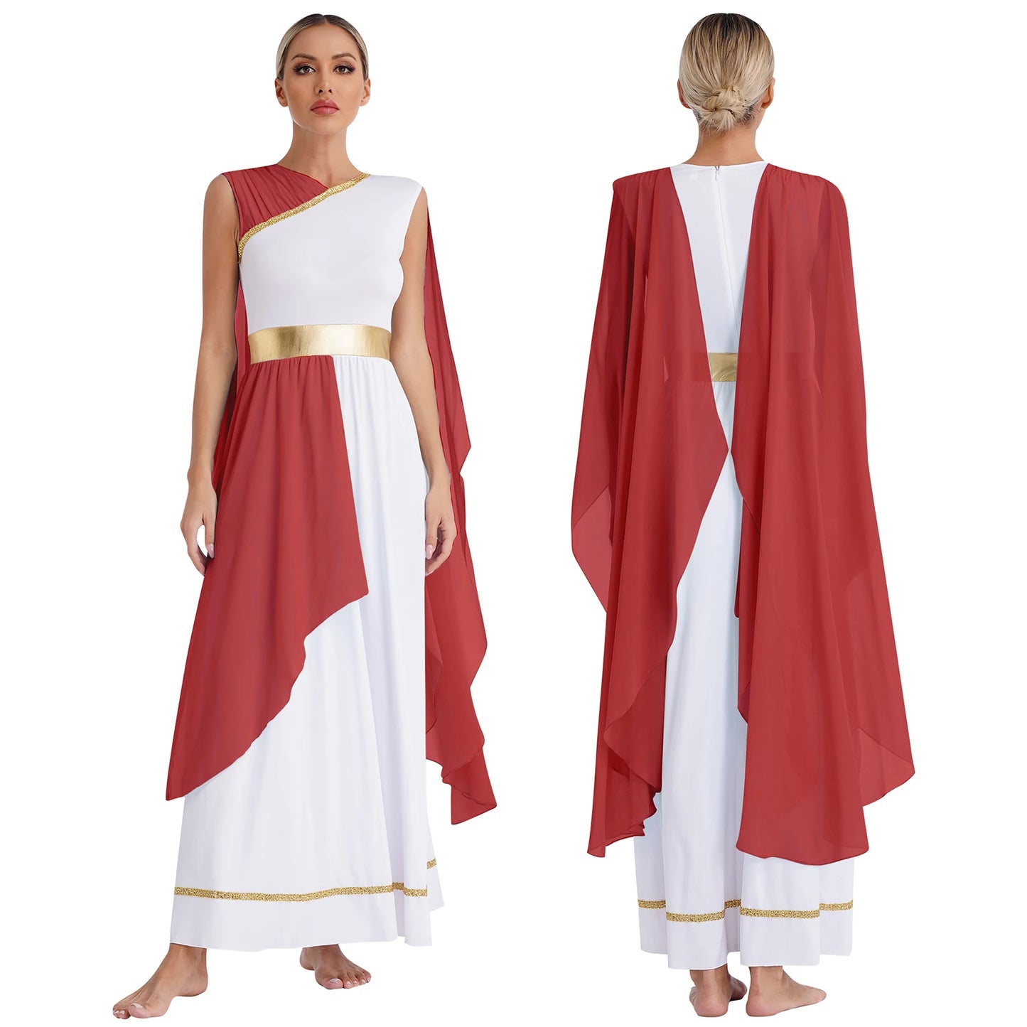 Womens Halloween Greek Deity Cosplay Costume Chiffon Gold Trims Ancient Toga Dress Greece Roman Goddness Queen Role Play Robe