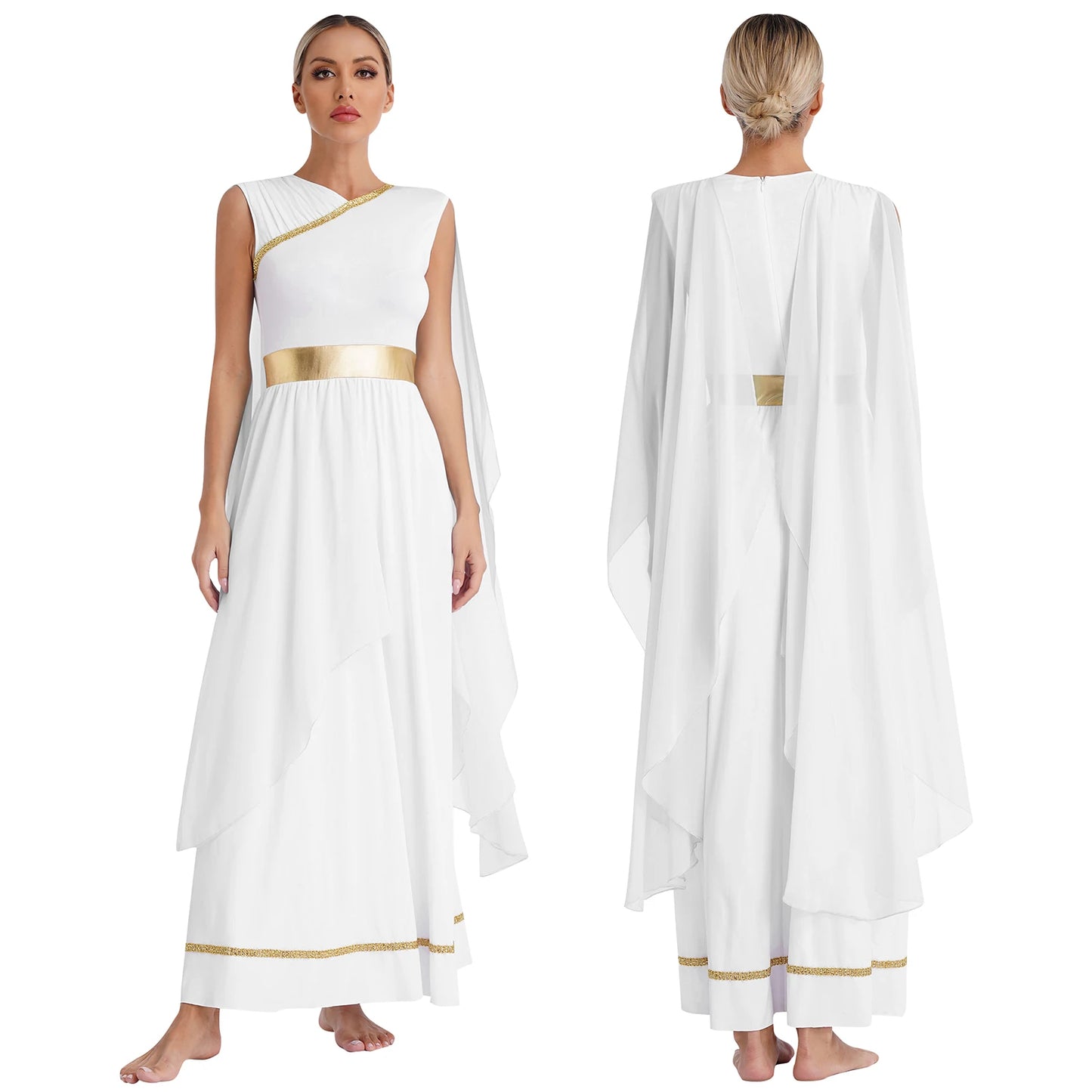 Womens Halloween Greek Deity Cosplay Costume Chiffon Gold Trims Ancient Toga Dress Greece Roman Goddness Queen Role Play Robe