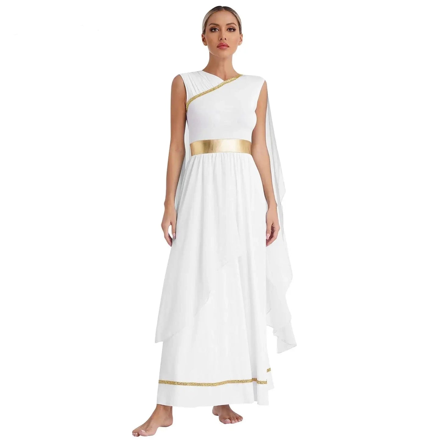 Womens Halloween Greek Deity Cosplay Costume Chiffon Gold Trims Ancient Toga Dress Greece Roman Goddness Queen Role Play Robe