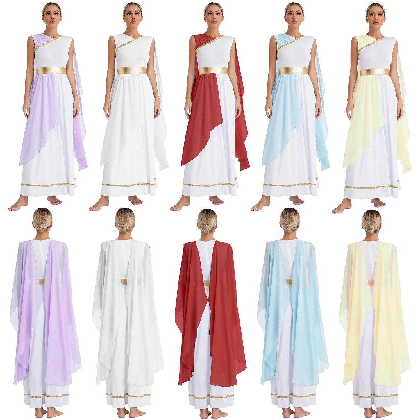 Womens Halloween Greek Deity Cosplay Costume Chiffon Gold Trims Ancient Toga Dress Greece Roman Goddness Queen Role Play Robe