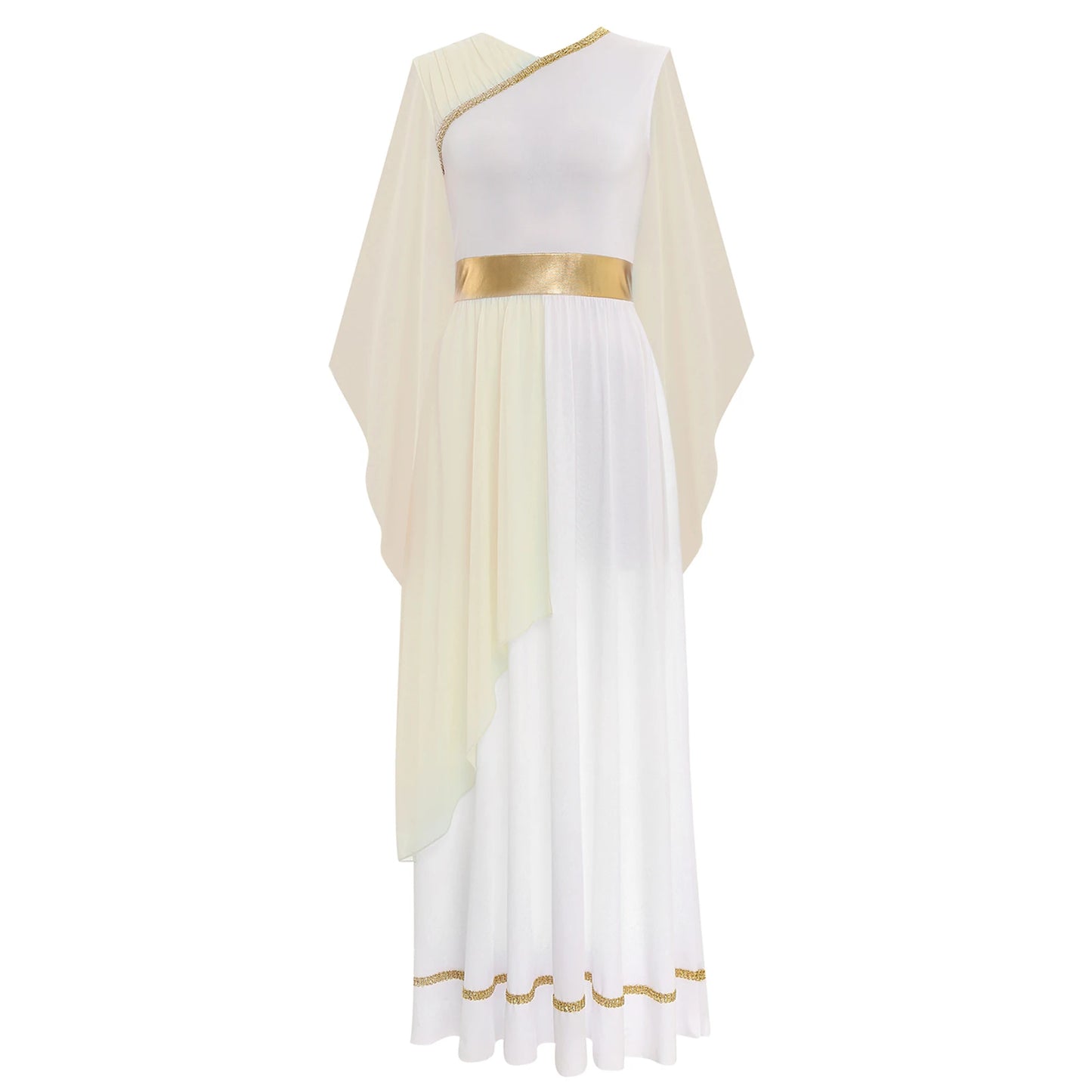 Womens Halloween Greek Deity Cosplay Costume Chiffon Gold Trims Ancient Toga Dress Greece Roman Goddness Queen Role Play Robe