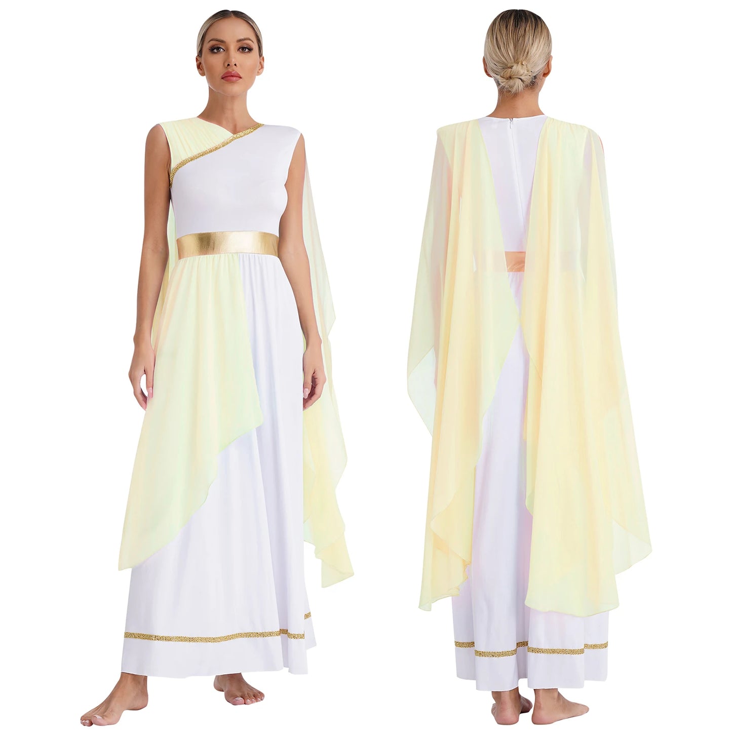 Womens Halloween Greek Deity Cosplay Costume Chiffon Gold Trims Ancient Toga Dress Greece Roman Goddness Queen Role Play Robe