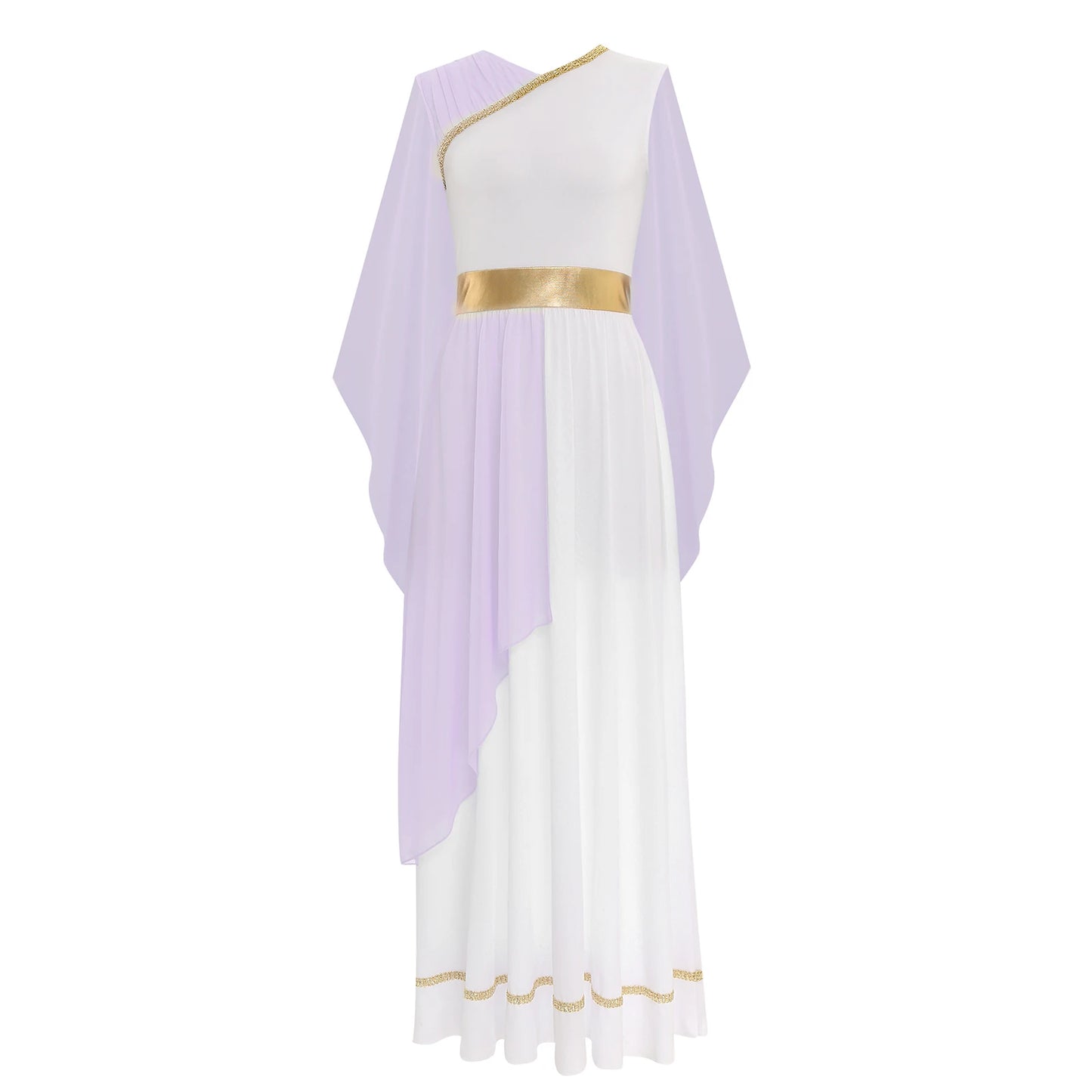 Womens Halloween Greek Deity Cosplay Costume Chiffon Gold Trims Ancient Toga Dress Greece Roman Goddness Queen Role Play Robe