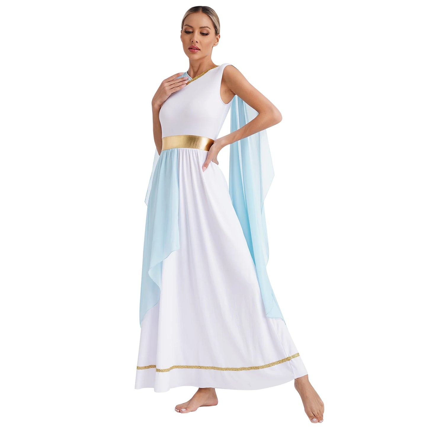 Womens Halloween Greek Deity Cosplay Costume Chiffon Gold Trims Ancient Toga Dress Greece Roman Goddness Queen Role Play Robe