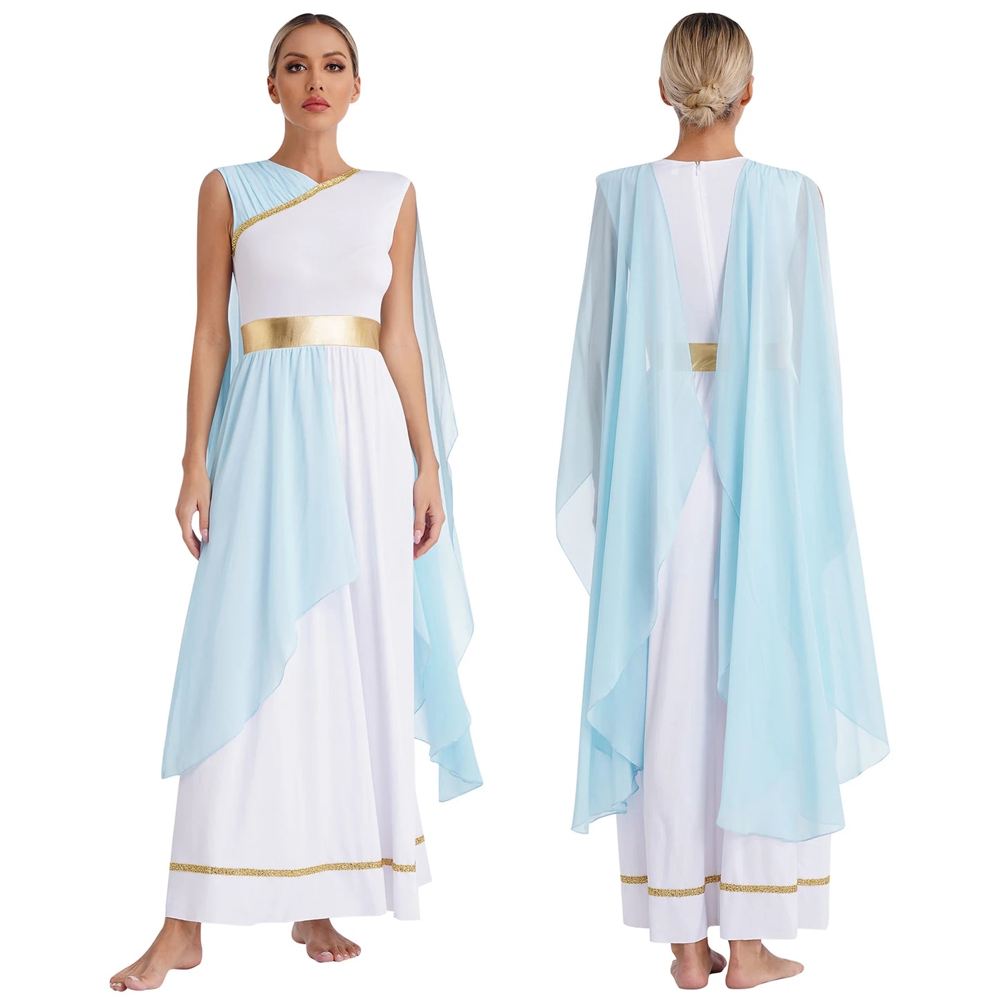 Womens Halloween Greek Deity Cosplay Costume Chiffon Gold Trims Ancient Toga Dress Greece Roman Goddness Queen Role Play Robe